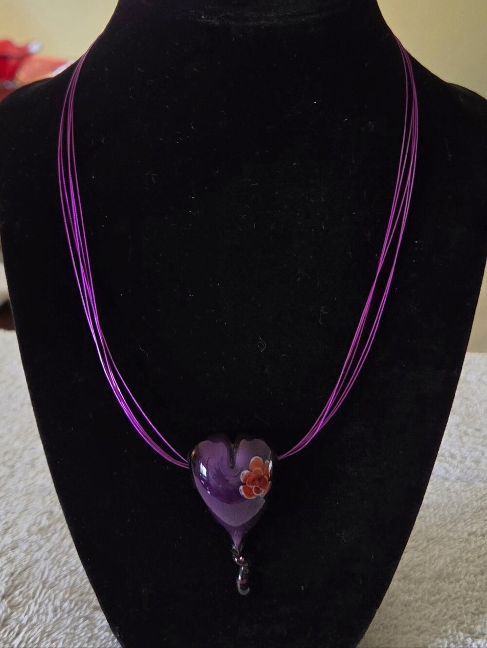 Vintage Murano Glass Purple Puffy Heart Pendant Necklace 17" Screw Clasp